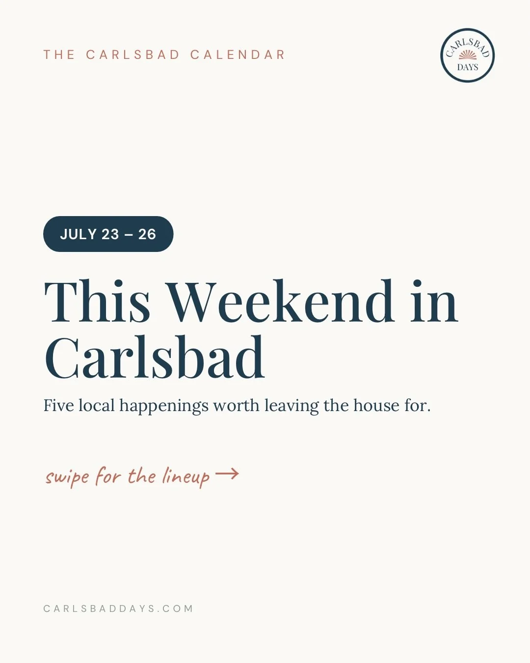 New Week, New Carlsbad Calendar 🗓️

Five things worth leaving the house for this weekend:

📚 Sunset Stories with the @storyqueen at @carlsbadvillagebooks (free, and she&rsquo;s there every Thursday all summer).

🥁 Summer Sounds at @bressiranch. Li