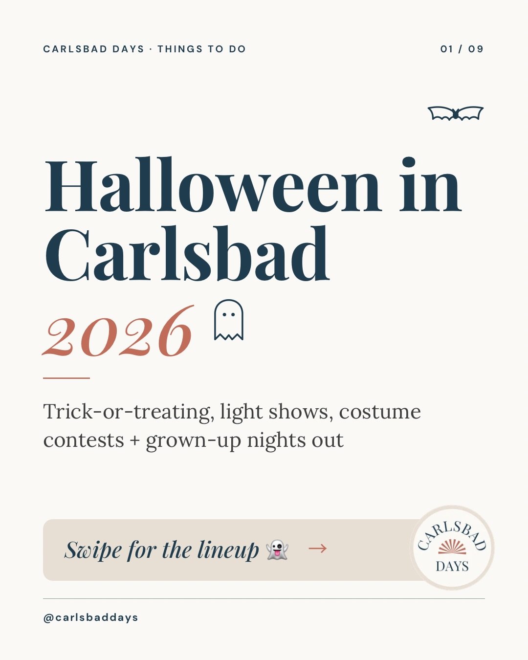There is a lot going on in Carlsbad the next few weeks🎃👻

Two weeks of trick-or-treating, light shows, Spooktaculars, a haunted carwash and spooky date nights, all in one place.

Full details plus a Halloween calendar you can save are on the blog. 