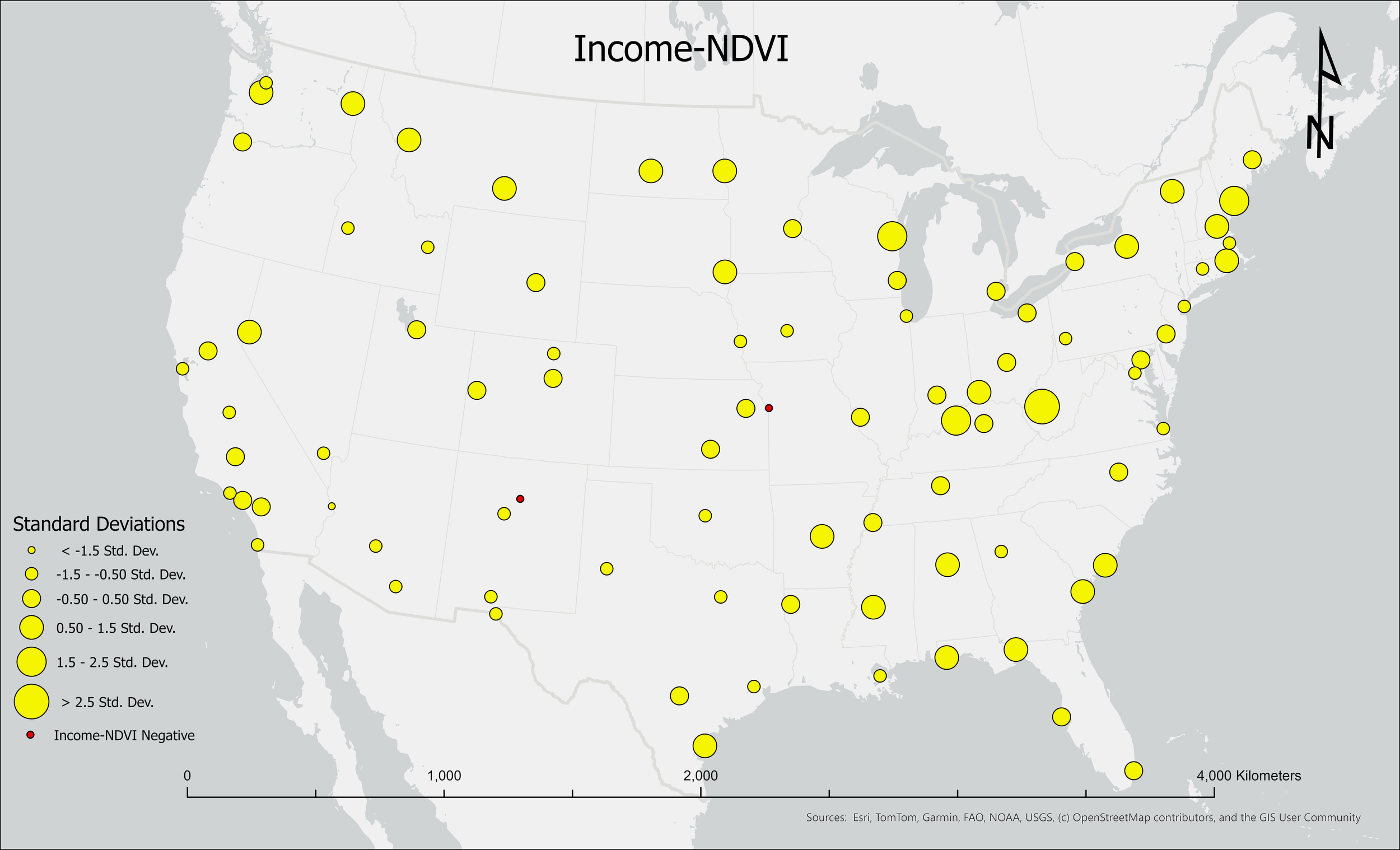 Figure shows the average income-NDVI relationship between 1990-2023. This was a national-scale analysis of the change in the luxury effect (the association between higher income neighborhoods being cooler and greener) in 87 U.S. cities from 1990-2023