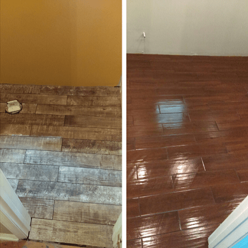 Comparison of a room's hardwood floor before and after cleaning and polishing. Left side shows dull, worn-out wood flooring, right side shows shiny, well-maintained wood flooring.