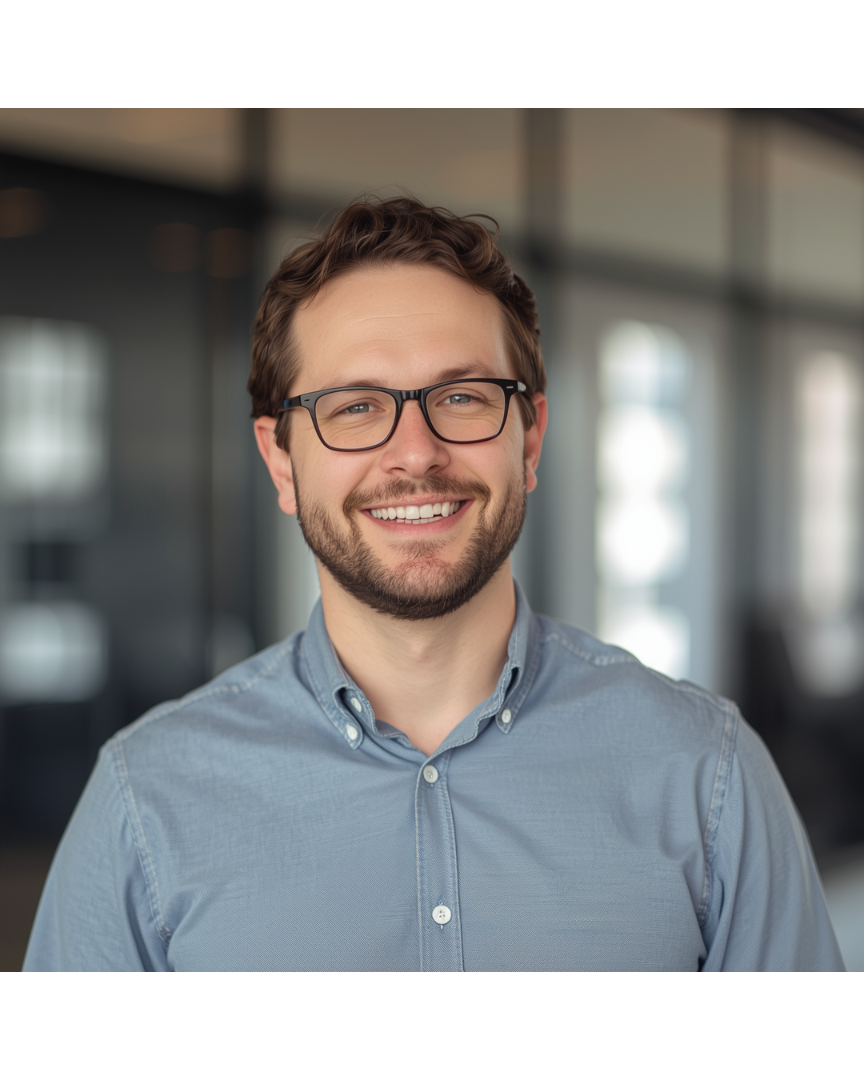 A smiling man with glasses and a beard wearing a light blue button-up shirt in an office setting.