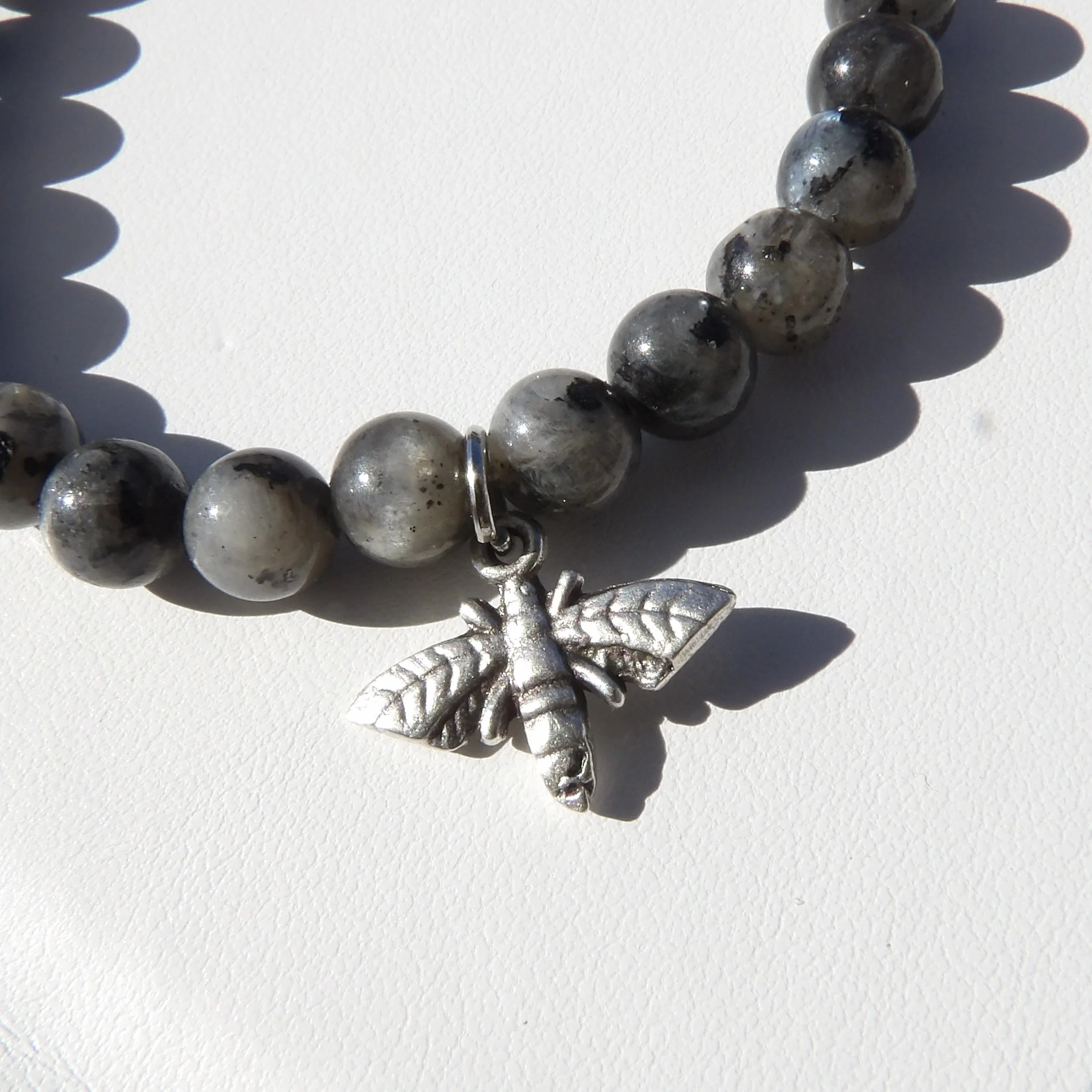 Natural Larvikite Bee Charm Bracelet