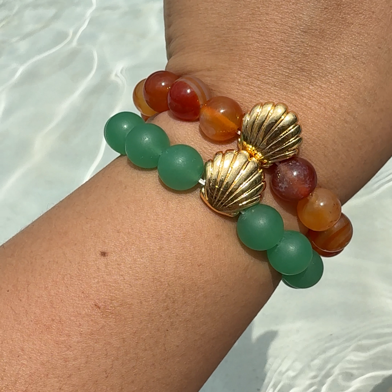 Green Aventurine & Carnelian Seashell Bracelet