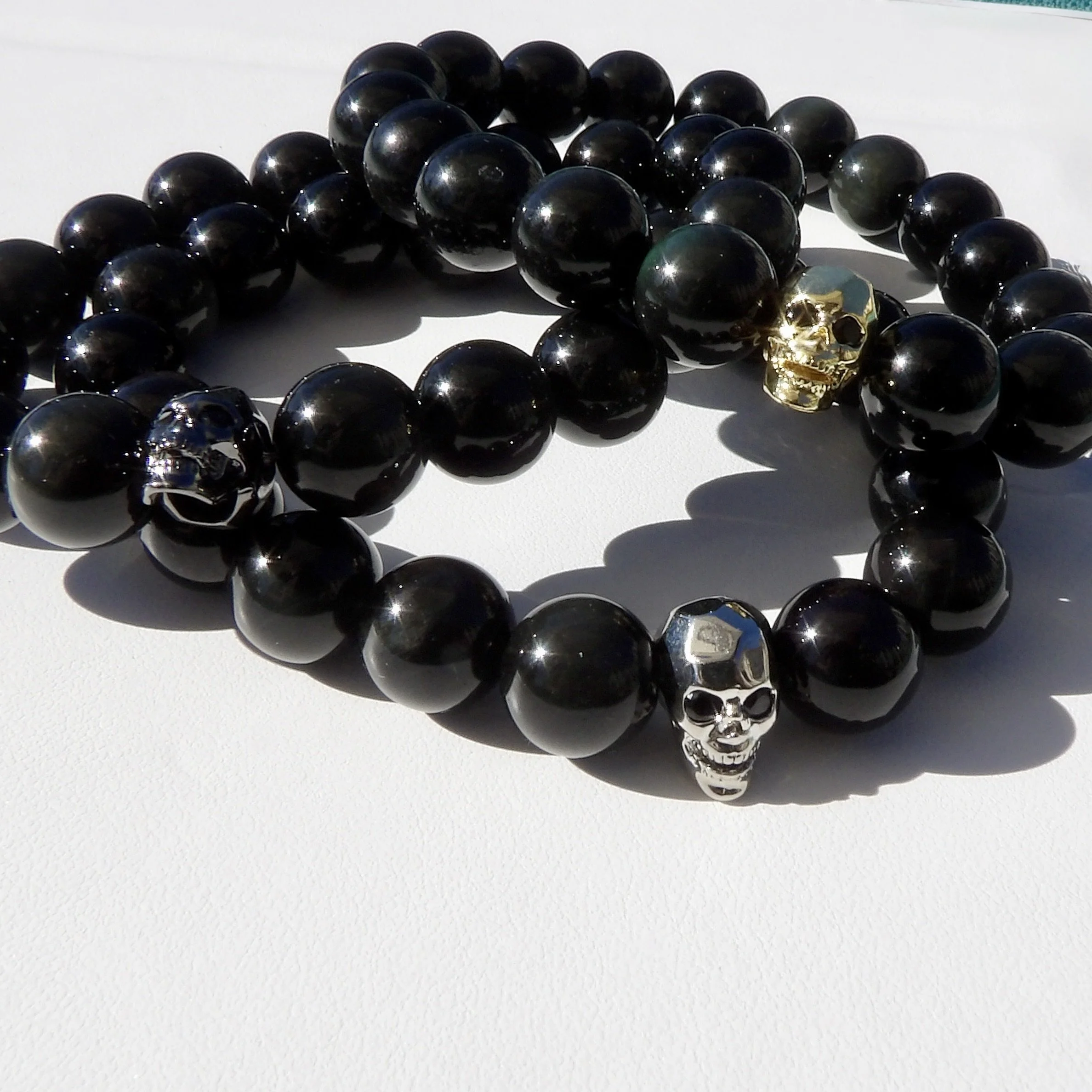 Obsidian Brass Micro Pave Skull Bracelet