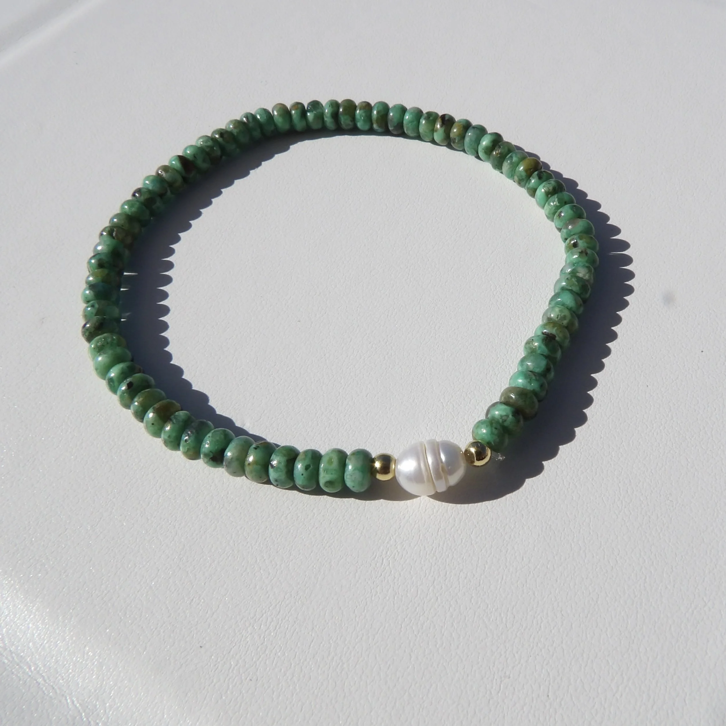 African Jade & Pearl Stretch Bracelet
