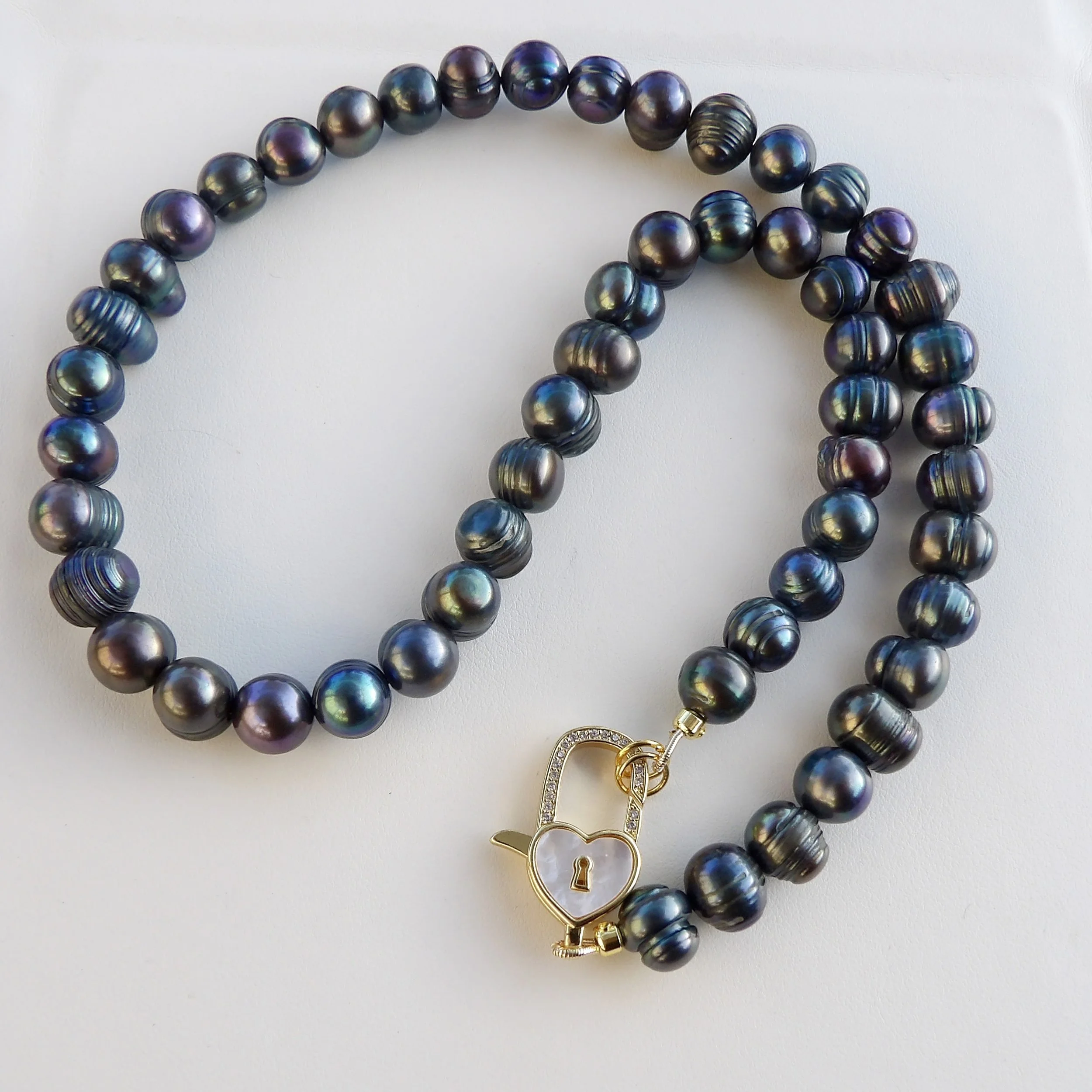 Navy Pearl Necklace with Heart Locket Clasp - 18 Inch