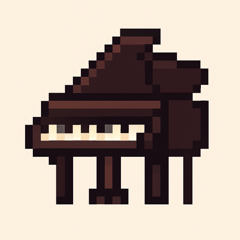 Pixelated illustration of a grand piano, showing dark brown body, beige keys, and black legs, on a light background.
