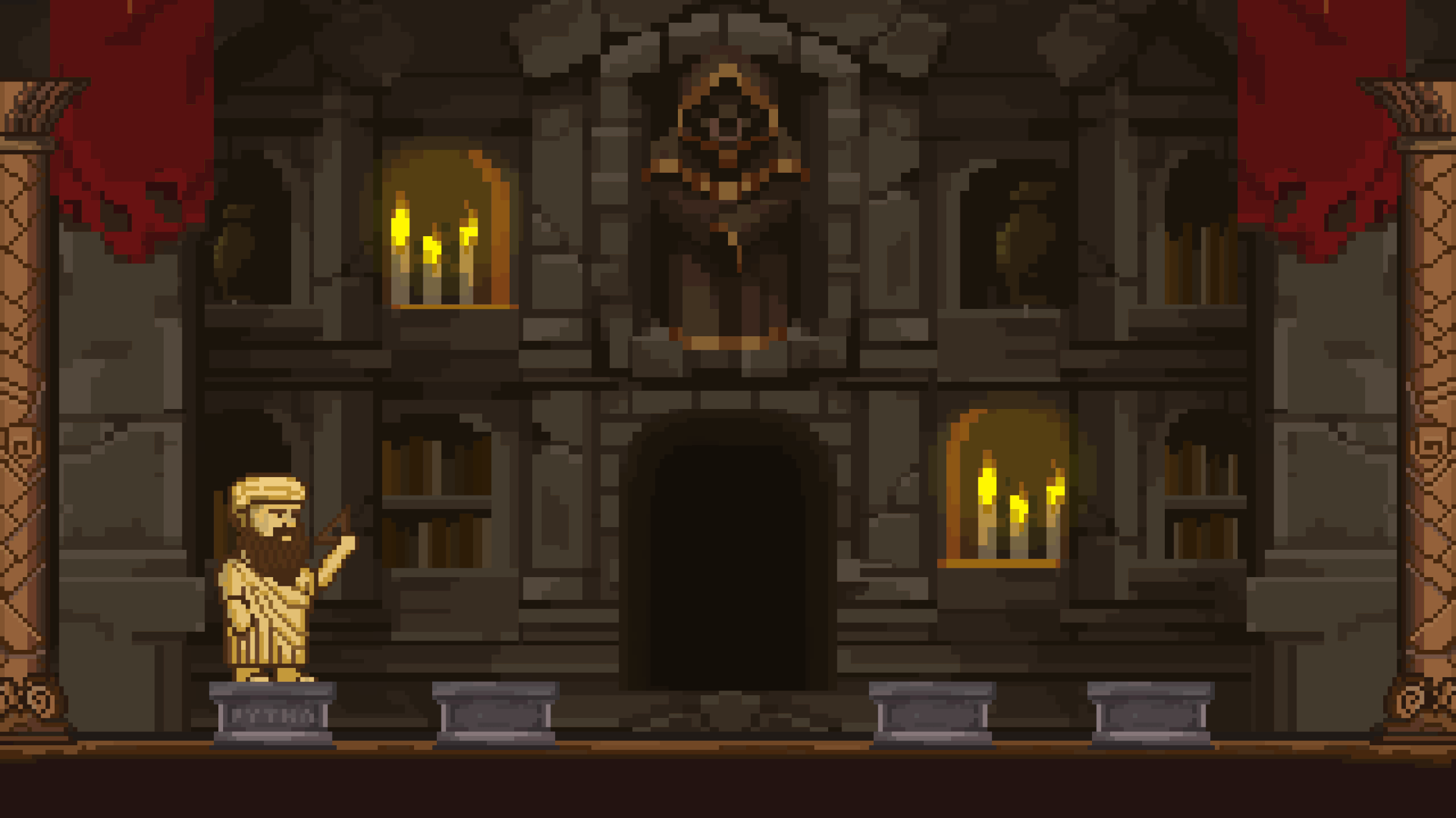 Pixel art of a medieval-style library with stone walls, lit by candles in wall sconces. A bearded man in biblical robes stands on a pedestal, pointing to the right. Shelves with books are on either side, with red banners hanging at the top corners.