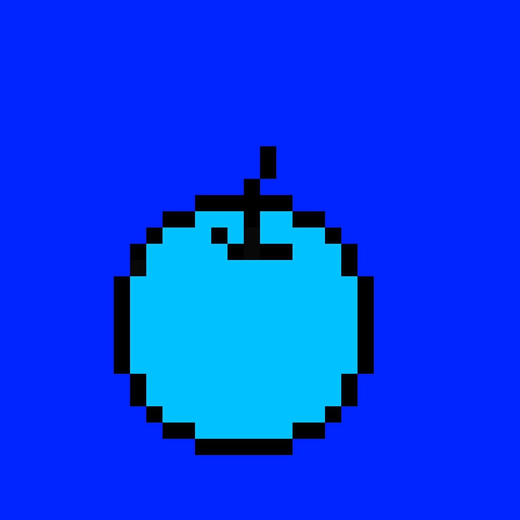 One of the many pixel works of CPU, this one is a moving apple with a blue background that changes color every second.