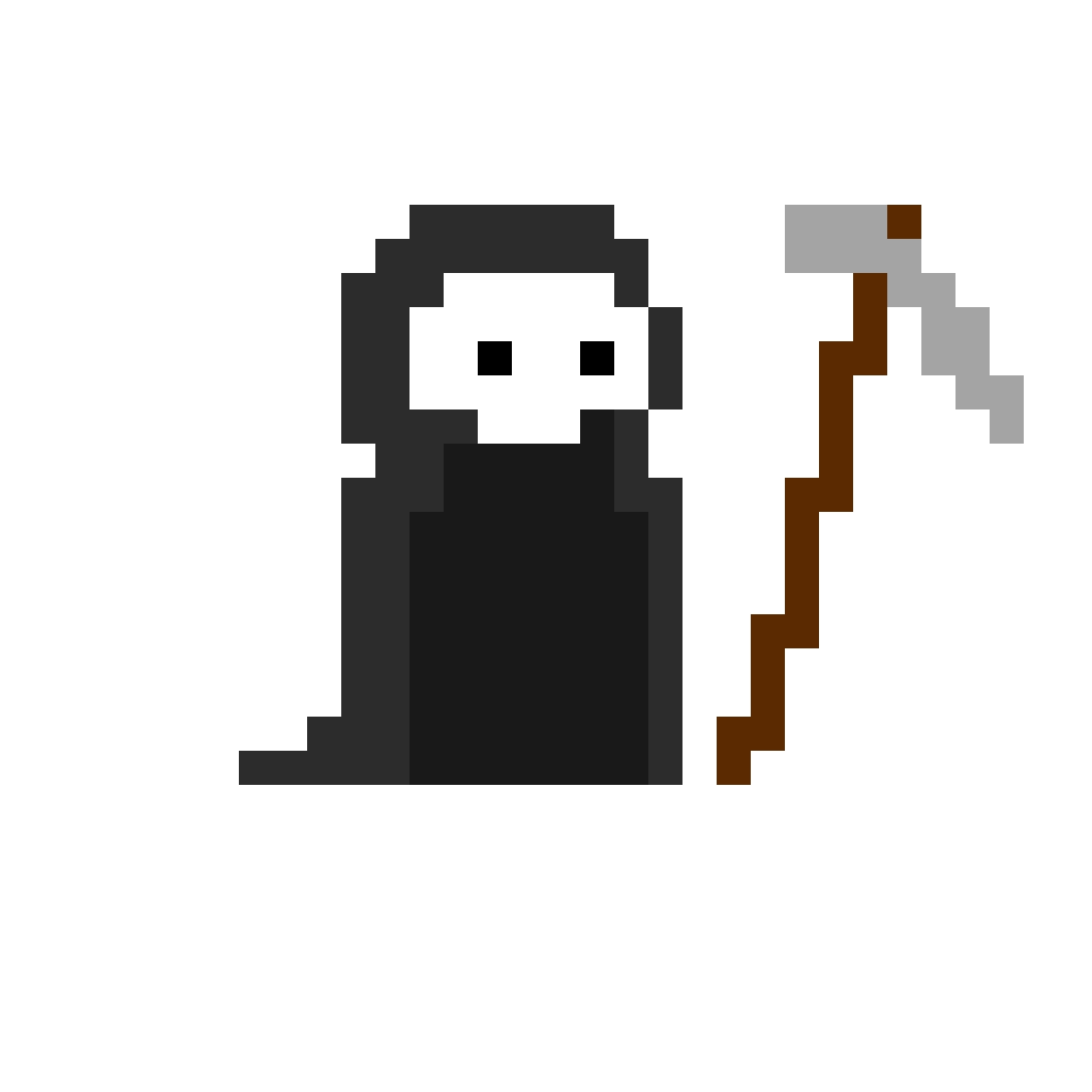 One of the many pixel creations of the CPU, a moving one, a skull-faced character holding a scythe.