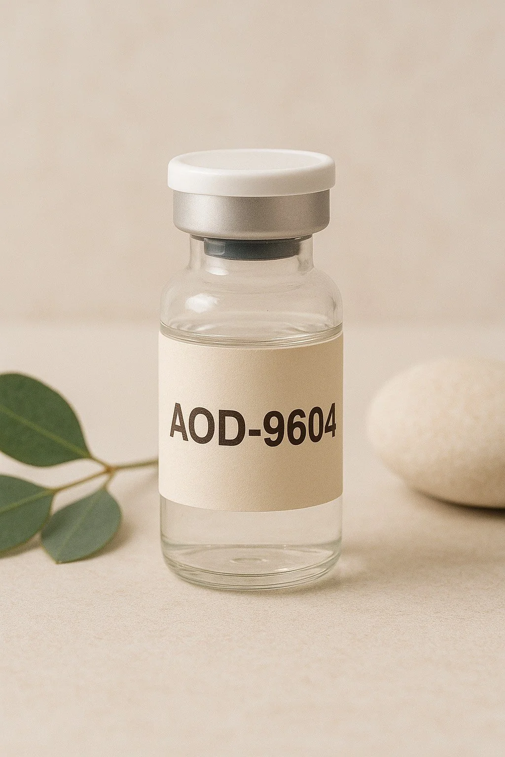 A small glass vial with a white label reading 'AOD-9604' and a white lid, placed on a neutral surface with green leaves and a white stone nearby.