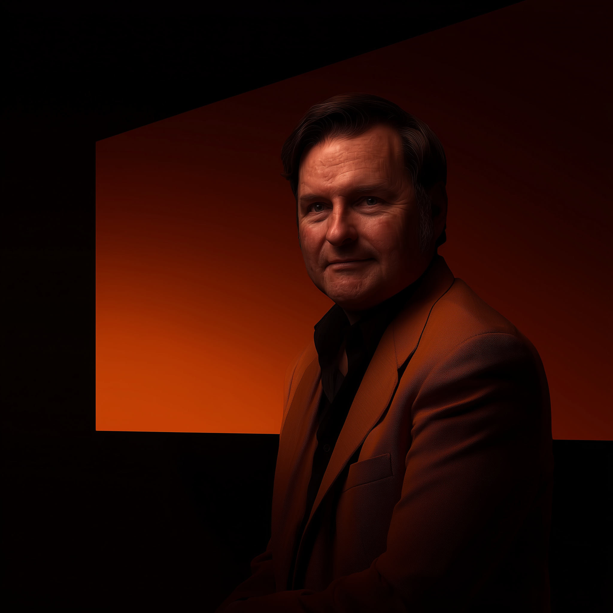 A darkened portrait of a middle-aged man with black hair, wearing a dark jacket and a patterned scarf, against a gradient brownish background.