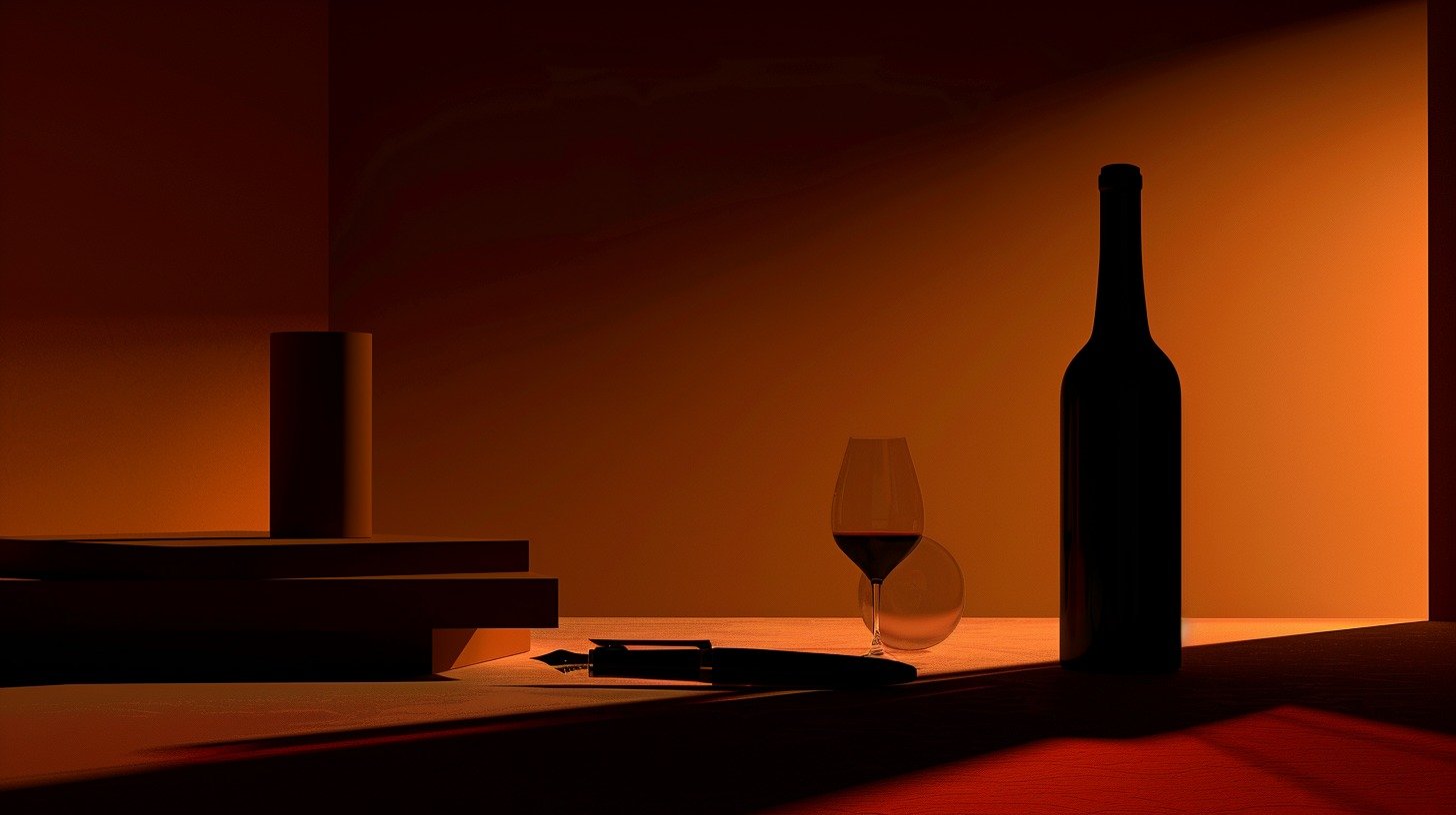 Wine bottle and glass on a desk in warm light