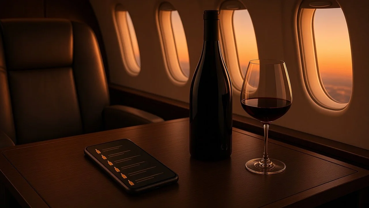 Wine collection inventory on a phone in a private jet cabin