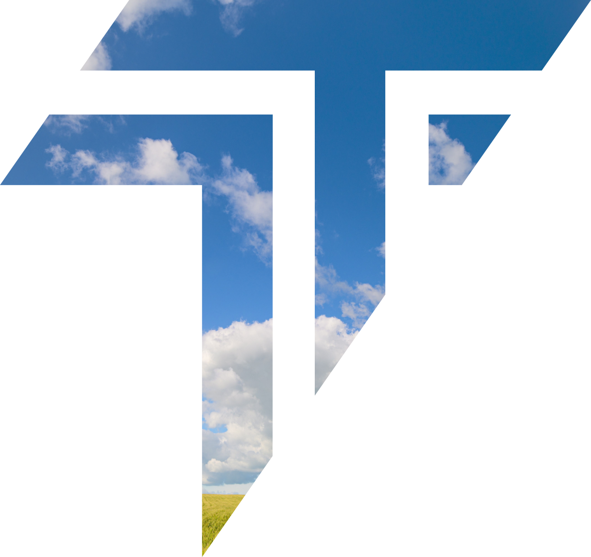 A blue sky with a few white clouds over a green field, but the image is corrupted with visual distortion and glitch effects.