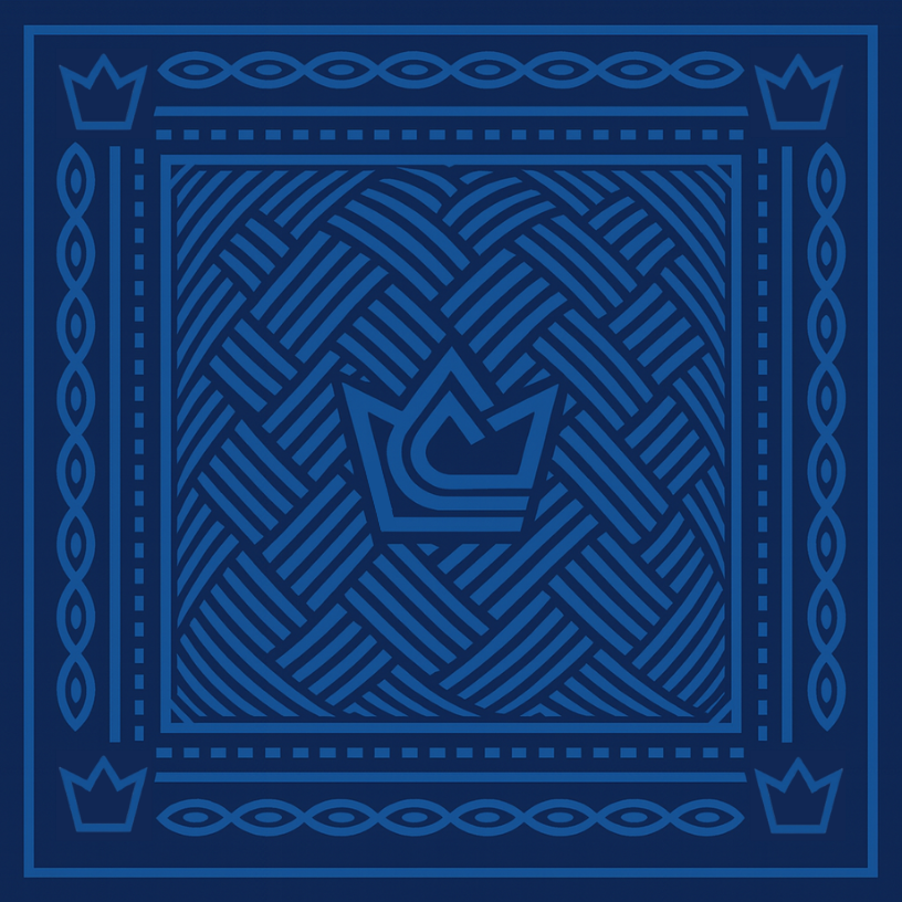Crown Blue Collective™ signature print- Blue cloth with a central crown logo and intricate geometric border patterns.