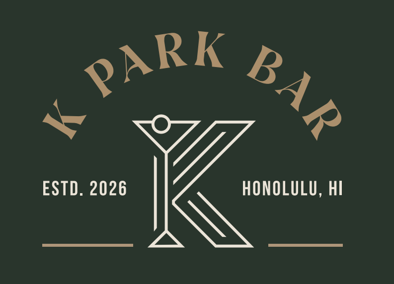 Logo for K Park Bar featuring a stylized martini glass with a lemon slice, established in 2026, located in Honolulu, Hawaii.