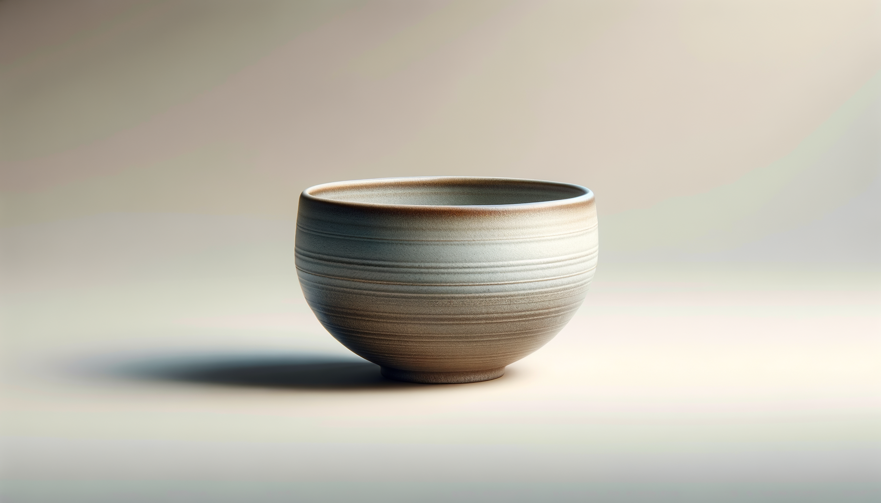 A ceramic bowl with horizontal stripes in shades of beige and brown, placed on a plain light-colored surface with a soft shadow.