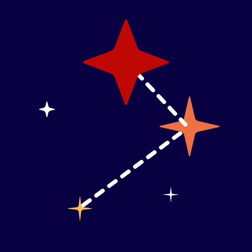 Illustration of three stars connected by dashed lines on a dark blue background.