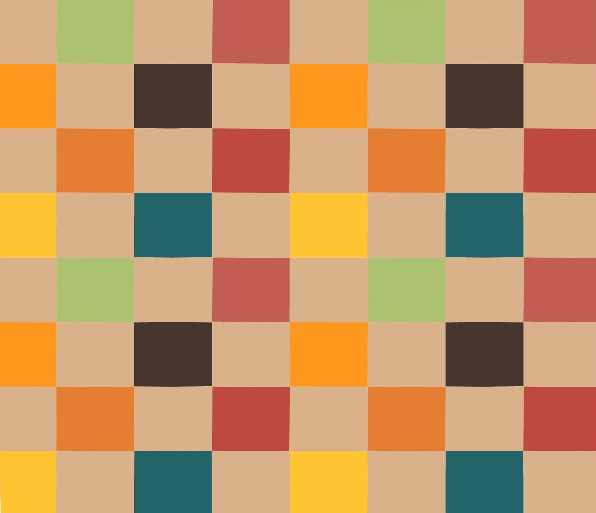 An abstract pattern of colored squares arranged in a grid, featuring shades of orange, yellow, red, green, beige, teal, and black.