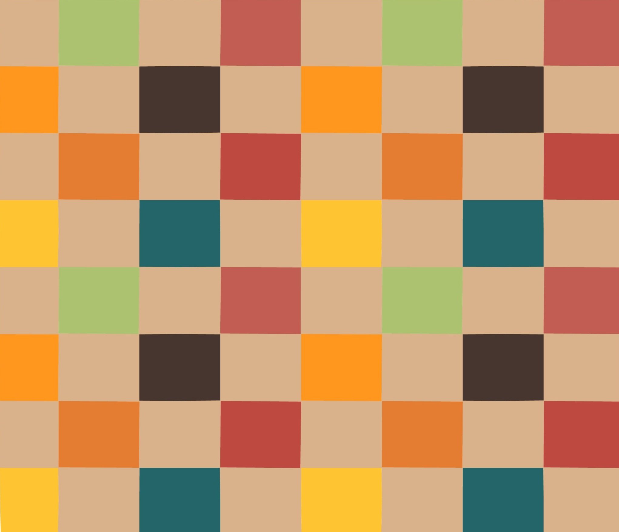 Colorful pixelated pattern with squares in shades of orange, yellow, green, red, black, and teal on a beige background.