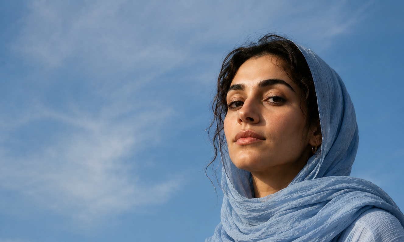 A woman wearing a light blue headscarf standing outdoors against a blue sky with wispy clouds.