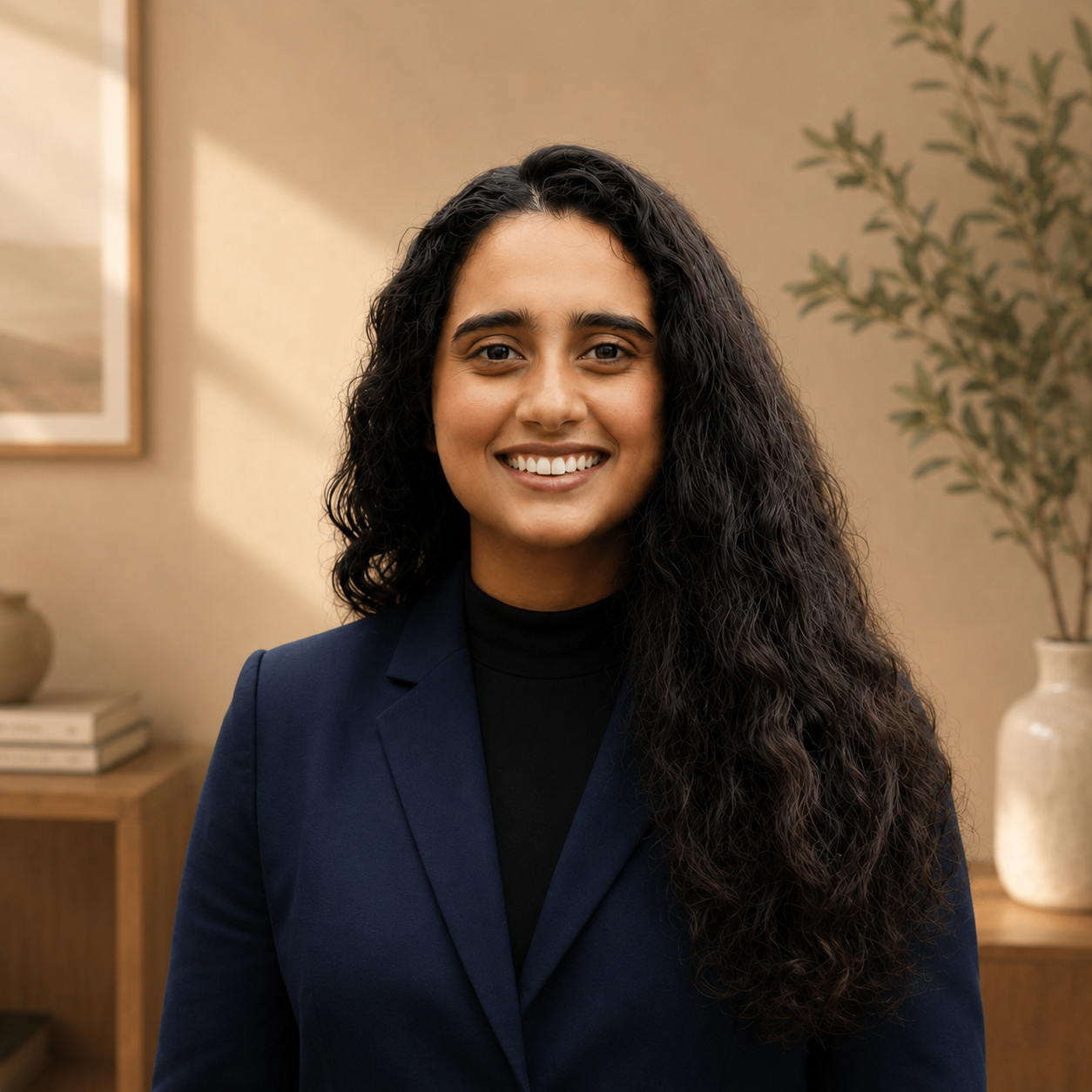 A woman with long, curly black hair wearing a dark blue blazer and black top, smiling indoors with a beige wall, framed artwork, a vase, and a potted plant in the background.