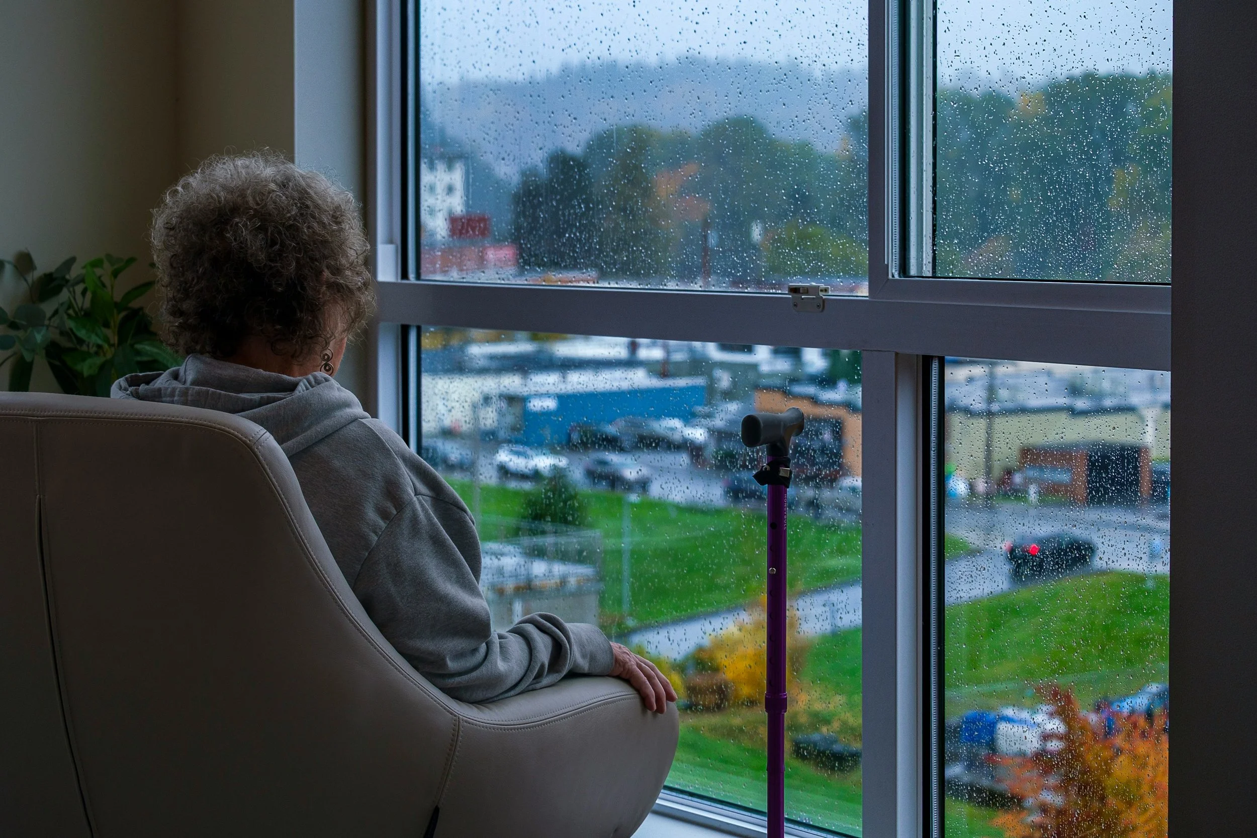 An elderly person sitting alone by a window, looking out at a quiet street