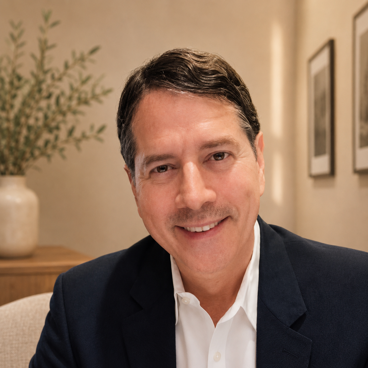 A smiling man with dark hair wearing a dark suit and white shirt, sitting in a room with framed pictures on the wall and a vase with greenery in the background.