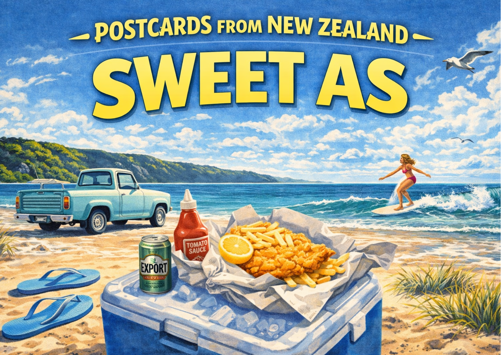
Summer in Aotearoa is measured in simple things - the smell of salt in the air, the crunch of battered fish, the sound of waves crashing onto the shore. 
It's jandals kicked off beside a chilly bin and someone always heading back out for "one more w