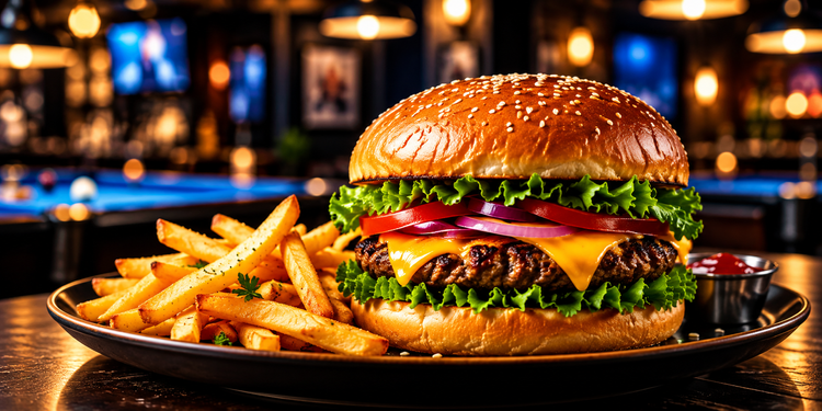 A burger and fries from the café counter