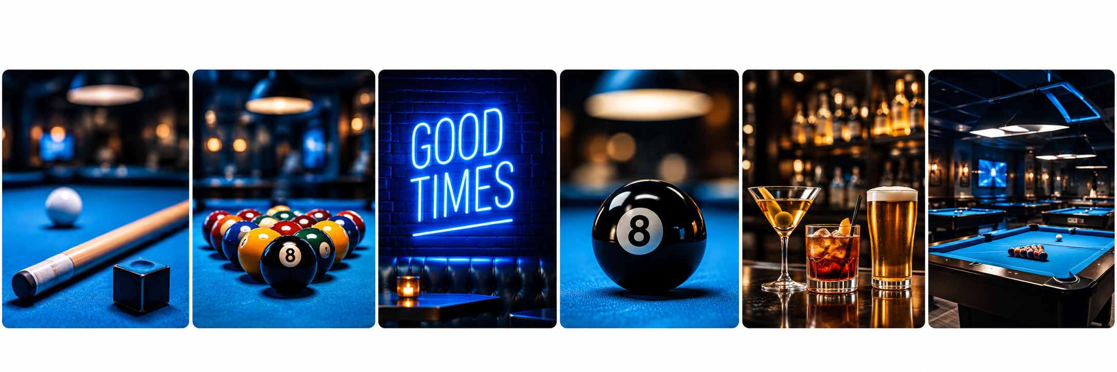 Instagram photos from The Shark Den: cue and chalk, racked balls, the 8-ball, drinks at the bar and the pool room