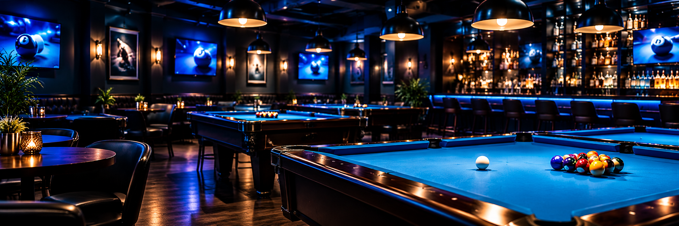 Lounge seating beside blue-felt pool tables at The Shark Den
