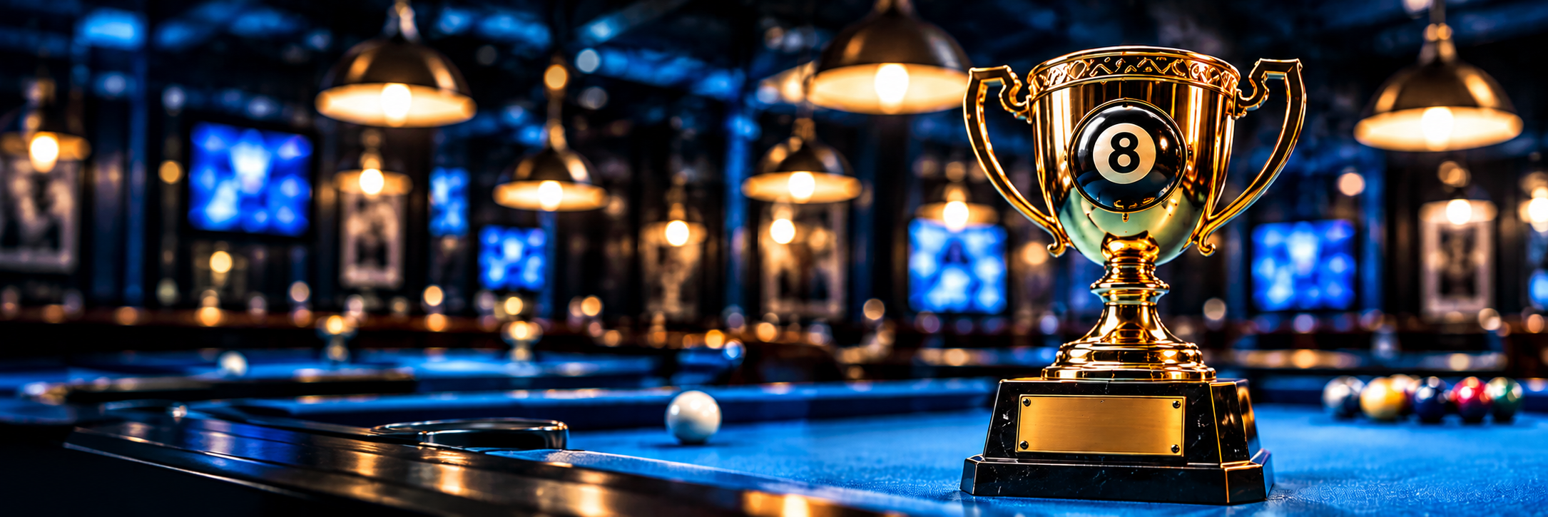 Gold tournament trophy with an 8-ball in a dimly lit pool hall