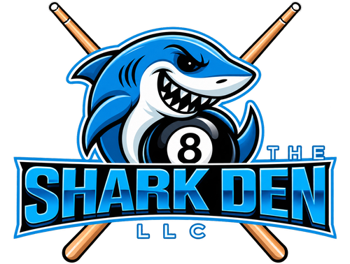 The Shark Den LLC logo: a shark wrapped around an 8-ball over crossed cues