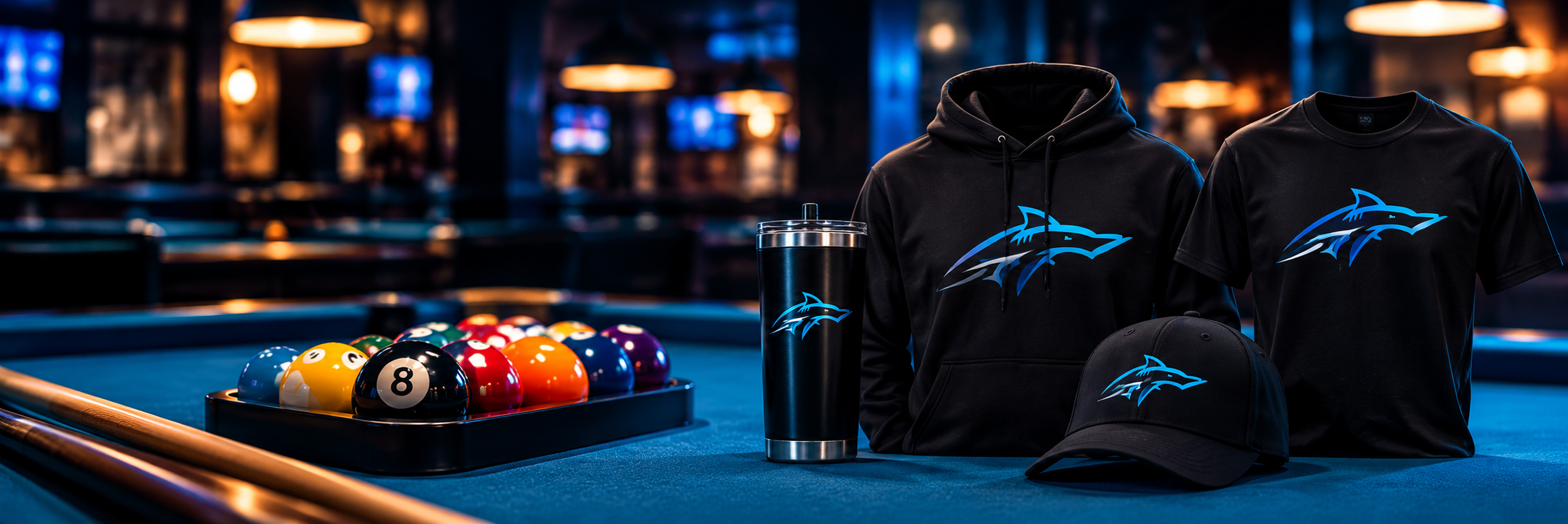 The Shark Den apparel and gear: a tumbler, hoodie, cap and t-shirt