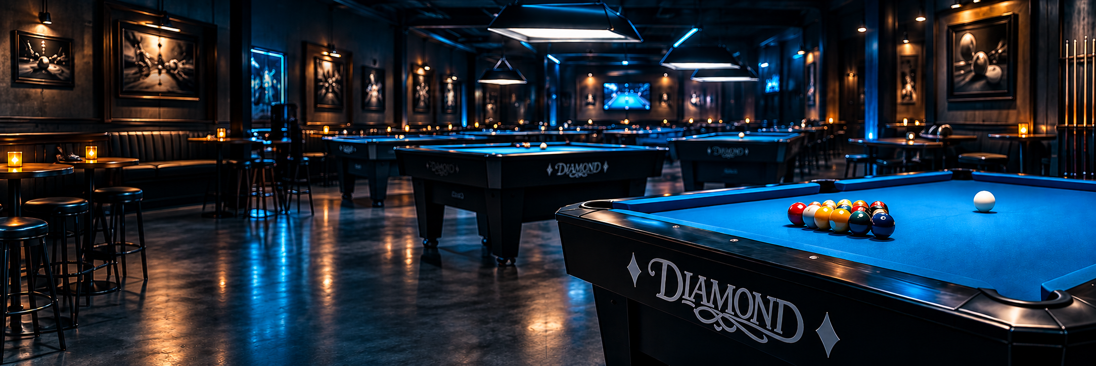 The Shark Den pool room with blue-felt tables, bar and lounge seating