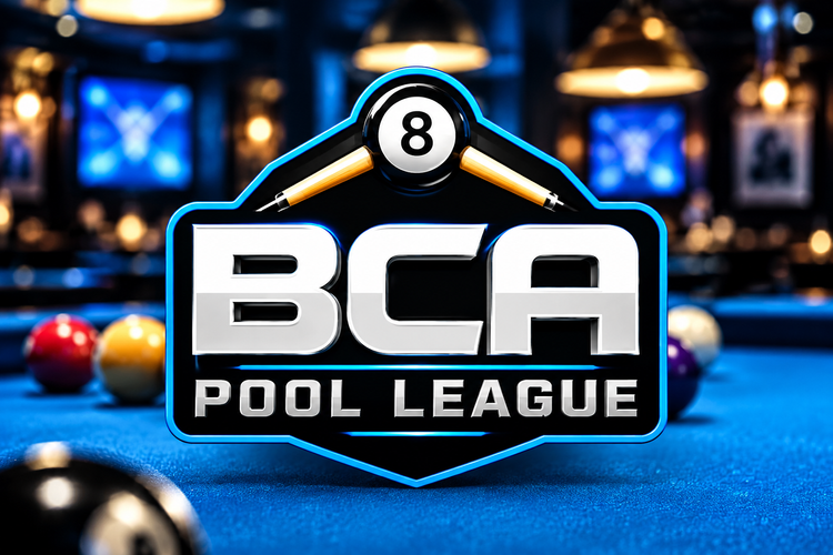 BCA Pool League logo over a pool hall backdrop
