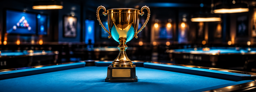 Tournament trophy on a blue-felt pool table