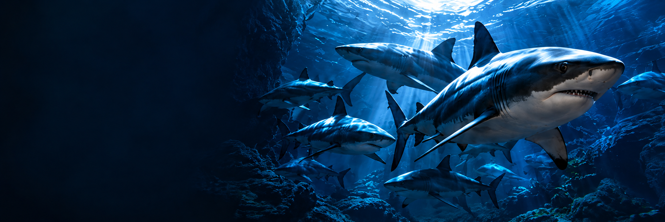 A group of sharks swimming together in deep blue water