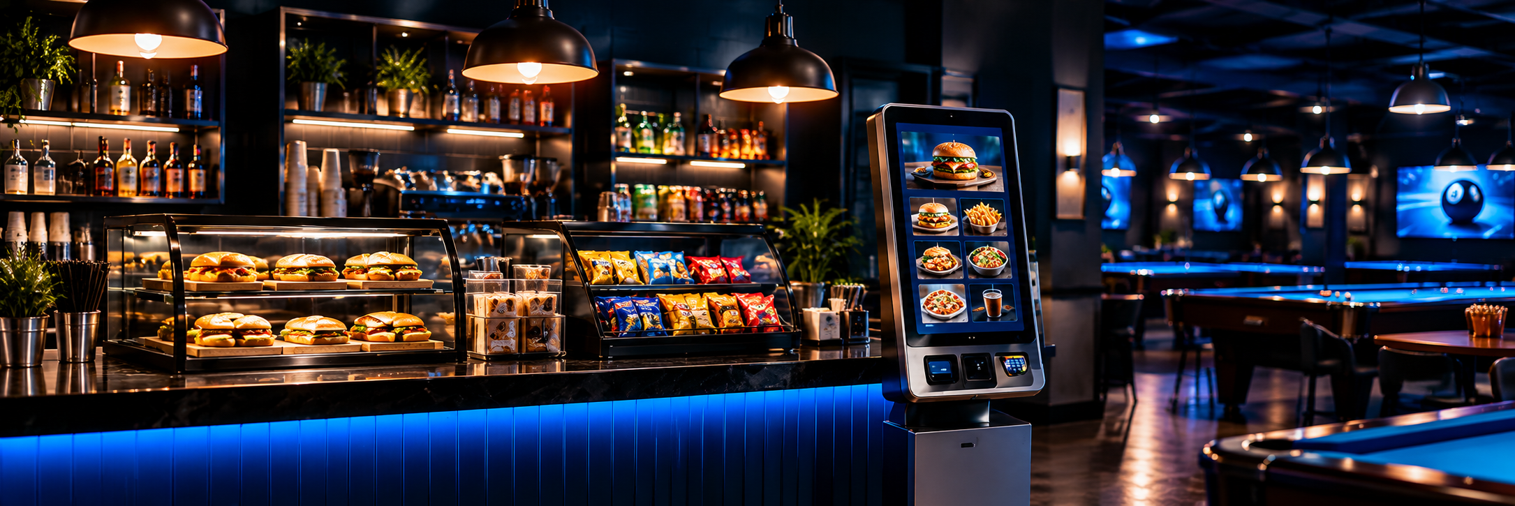 The café counter with snacks and a self-order kiosk