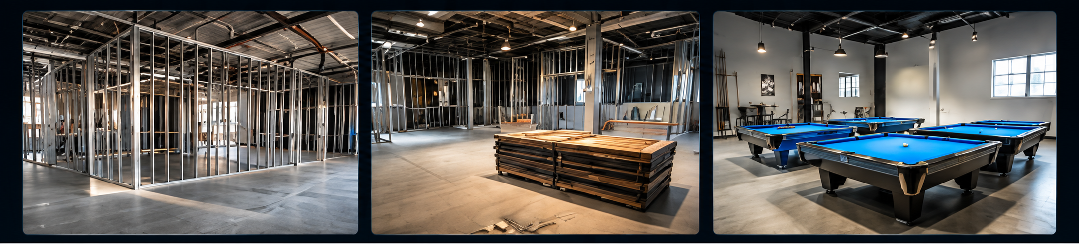 The Shark Den build-out, from framing and construction to table installation and the finished pool room