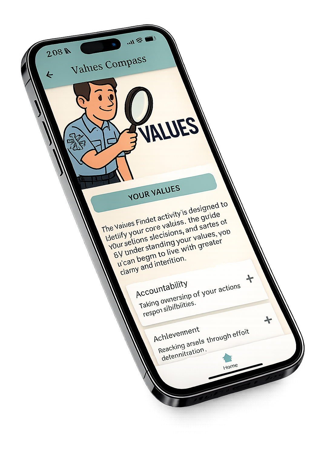 A smartphone screen displaying an app called 'The Station' with a cartoon image of a smiling paramedic in front of an ambulance and an EMS station sign. The app provides tools for mental health support, including journaling and values exploration.