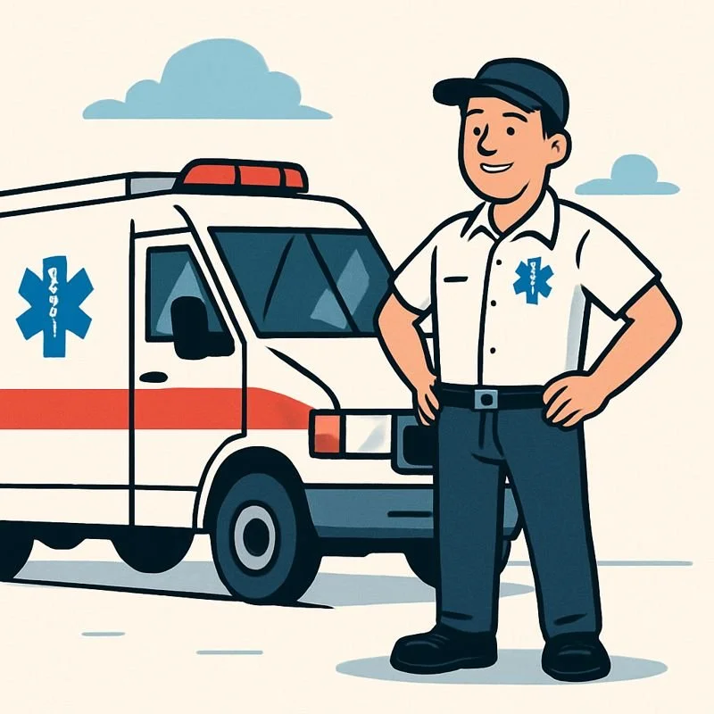 Cartoon paramedic standing next to an ambulance, wearing a uniform with a blue medical insignia, outdoors with sky and clouds in the background.