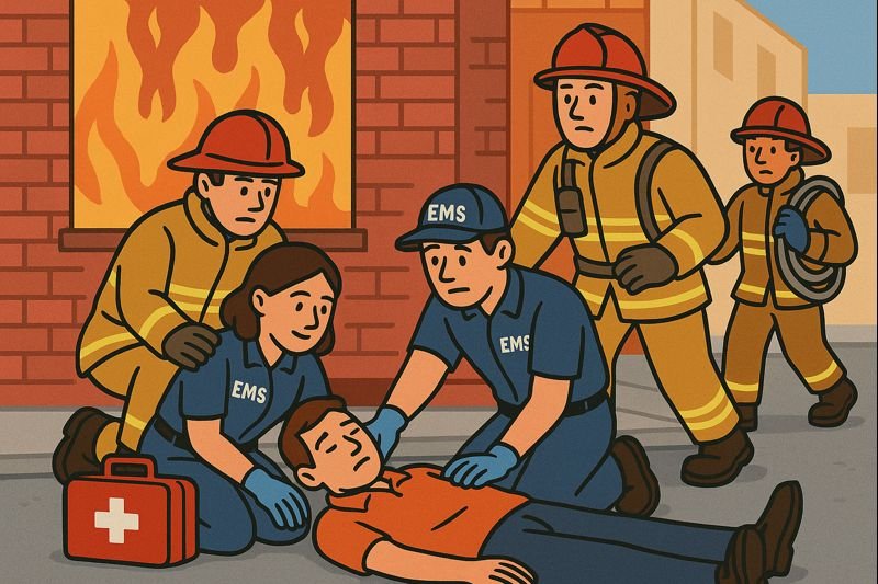 Firefighters and emergency medical team attending to a person who appears to be injured outside a burning building.
