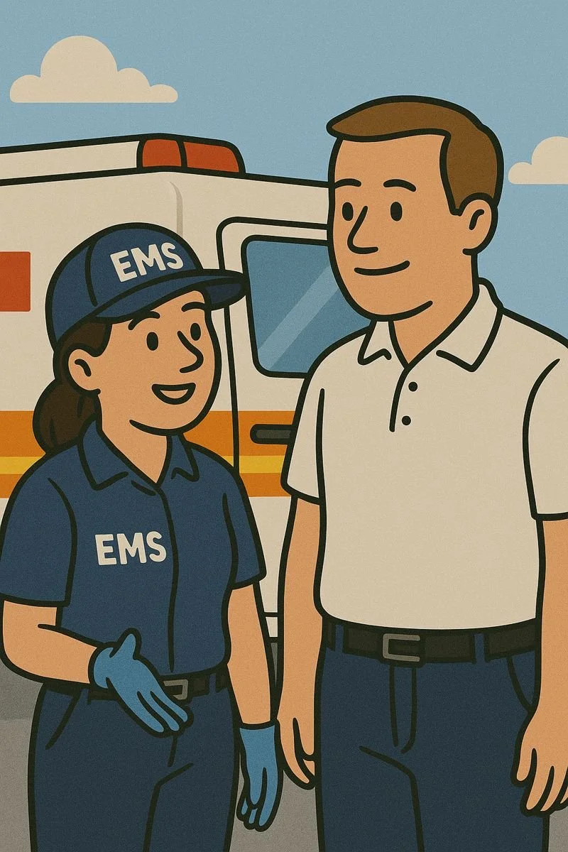 Cartoon illustration of two emergency medical services (EMS) responders, a woman and a man, standing in front of an ambulance. The woman wears a blue uniform and cap with EMS and gloves, while the man wears a white shirt and jeans.