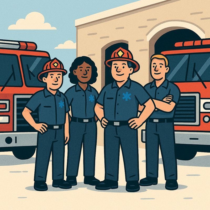 Four firefighters standing in front of fire trucks outside a fire station on a sunny day.