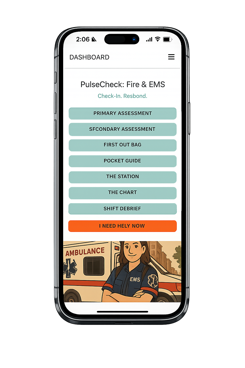 Mobile phone screen displaying PulseCheck Fire & EMS app with assessment options and an illustration of an EMS personnel in front of an ambulance.