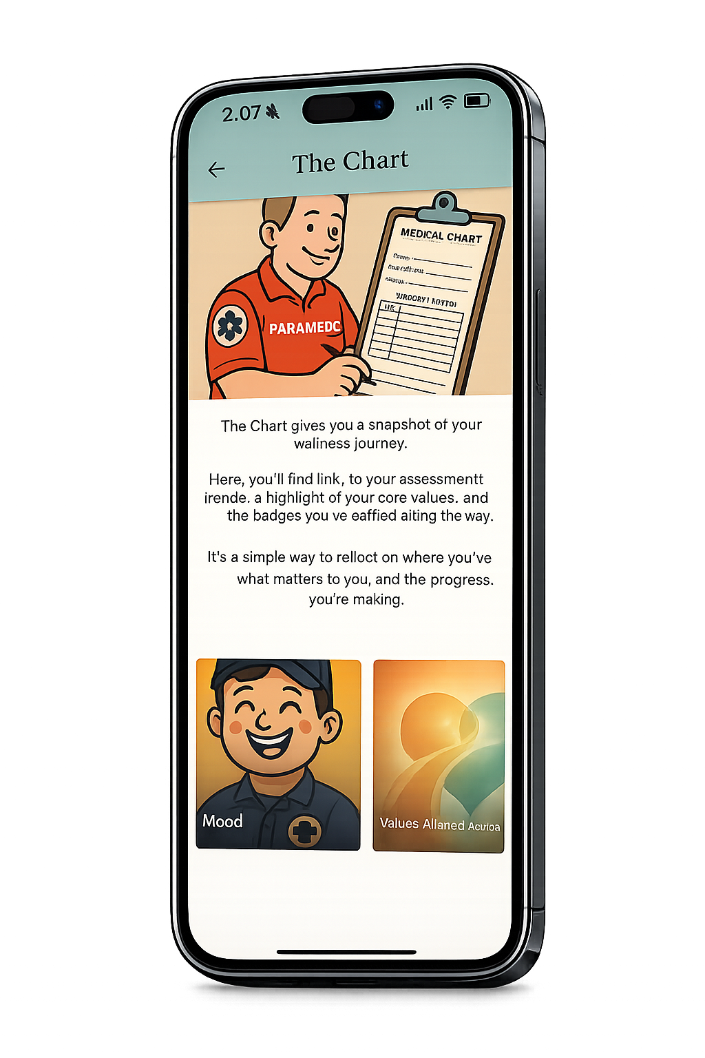 Mobile phone screen displaying an app page titled 'The Chart', featuring an illustration of a paramedic holding a medical chart and a photo of a person with a concerned expression. Buttons for a badge icon and a person with anxiety.