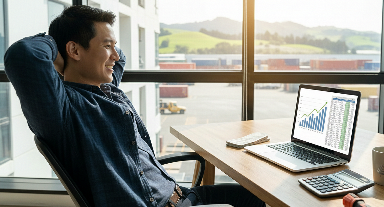 A man smiling and relaxing at his desk in an office with large windows, showing a graph on a laptop screen and a view of an airport tarmac and hills outside.